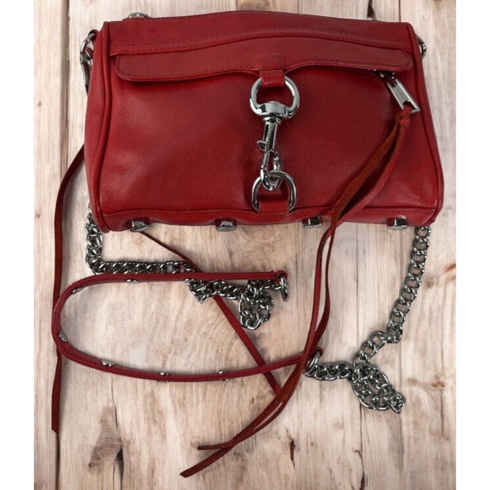 Rebecca Minkoff Mini Mac Crossbody Bag Red Leather Purse Chain Strap Studded - Picture 12 of 16